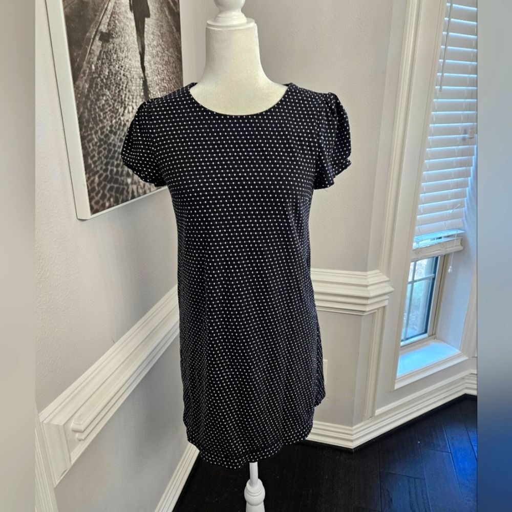 Anthropologie Maeve Polka Dot Shift Black Stretch Short Sleeve Dress Sz Medium